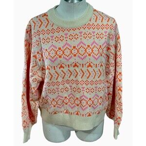 H&M Divided Pink Orange‎ Jacquard Knit Sweater Womens Crew Neck Size Large NWT